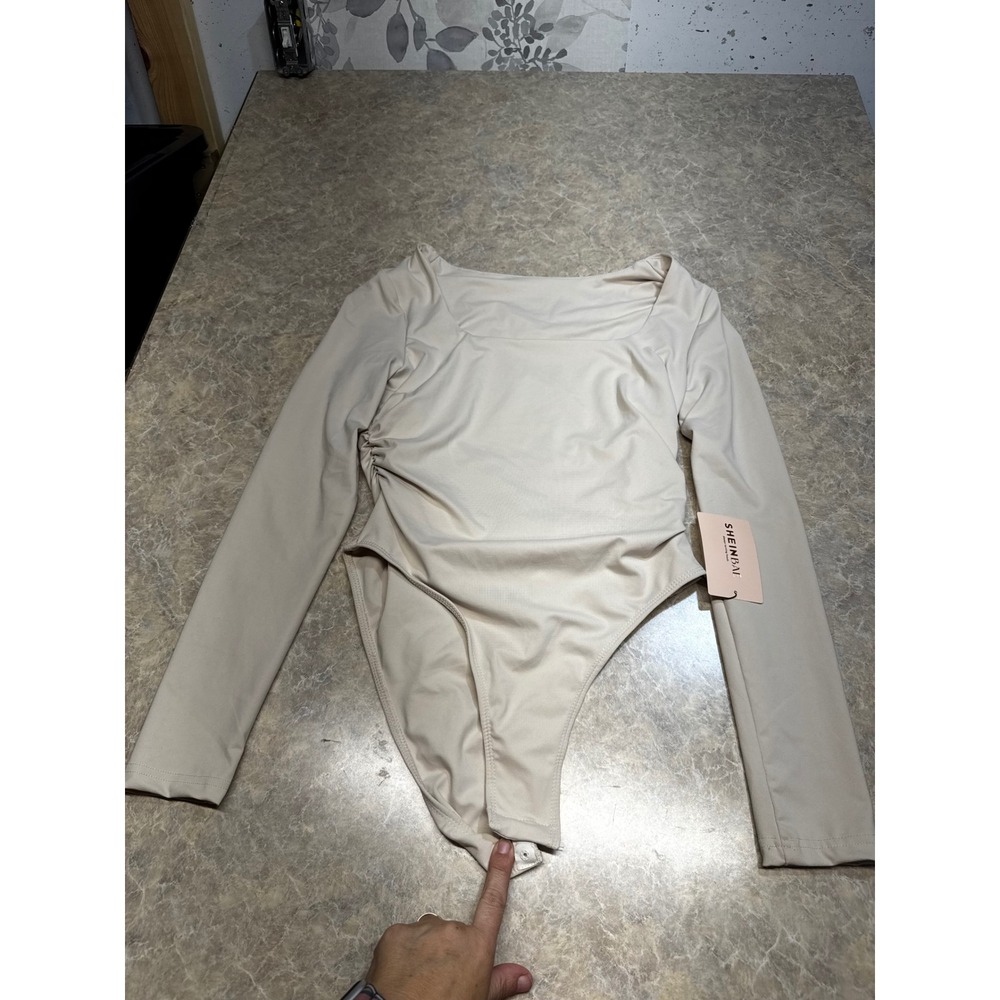 SHEIN BAE Women Beige Square Neck Ruched Long Sleeve Bodysuit Size M 6 NWT